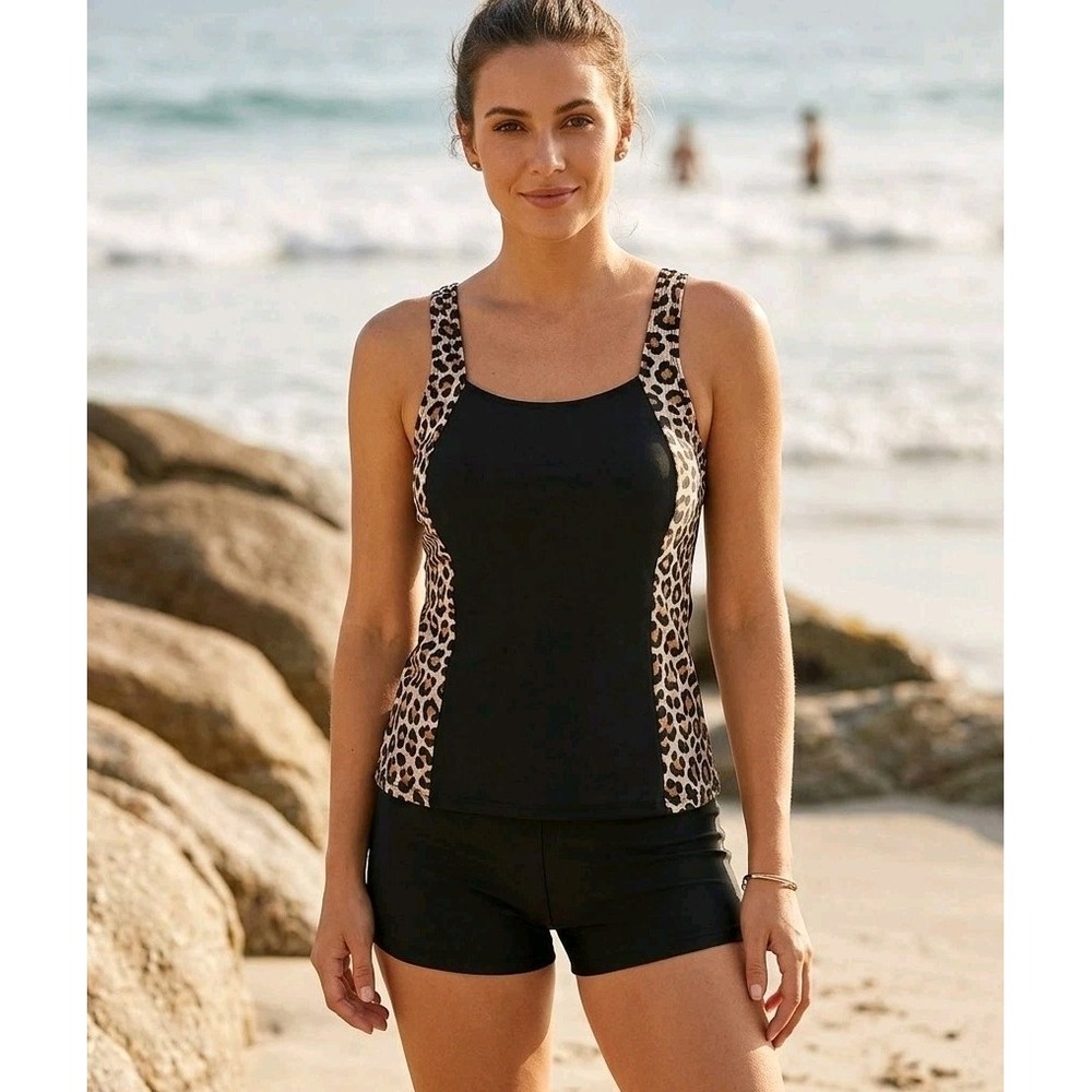 NEW Women's Modest Tankini Swimsuit Set Black Leopard Print Swim Shorts XL